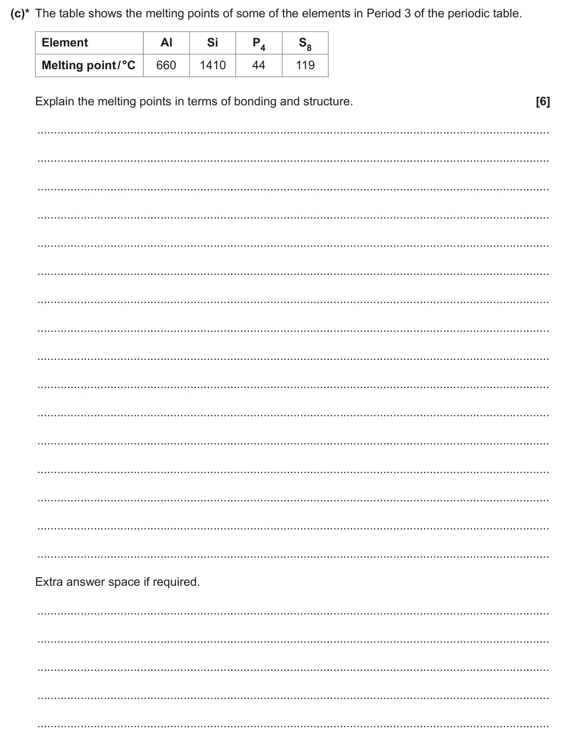 June 2024 Paper 1, question 20(c): This question is about elements in the periodic table. (c)* The table shows the melting points of some of the elements in Period 3 of the periodic table. Elemen