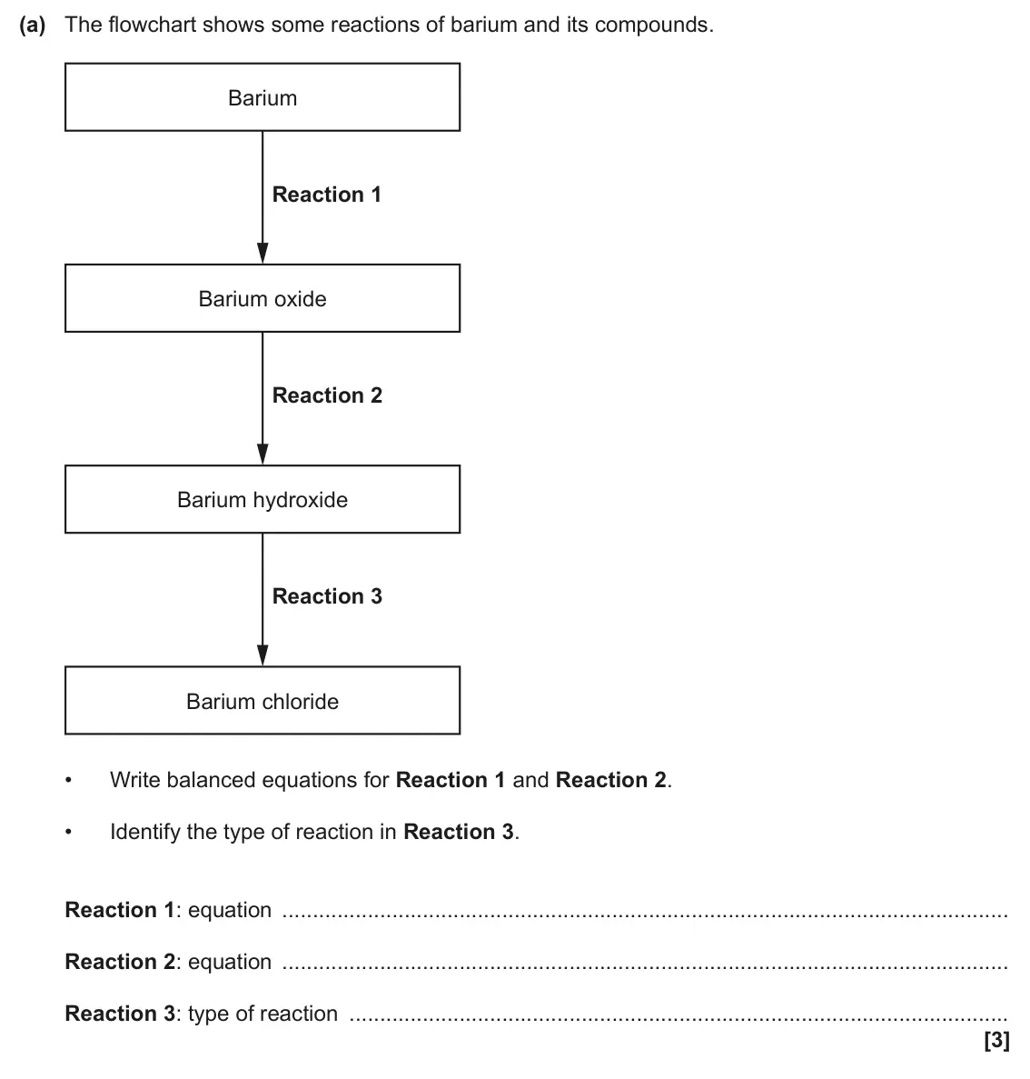 June 2024 Paper 1, question 21(a): The flowchart shows some reactions of barium and its compounds. Barium Reaction 1 Barium oxide Reaction 2 Barium hydroxide Reaction 3 Barium chloride • Write ba