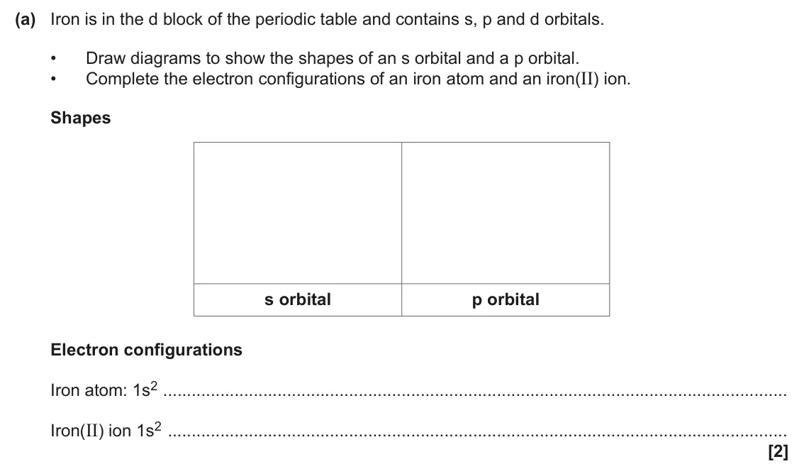 June 2024 Paper 1, question 22(a): Iron is in the d block of the periodic table and contains s, p and d orbitals. • Draw diagrams to show the shapes of an s orbital and a p orbital. Complete the