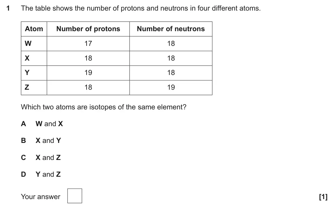 June 2025 Paper 1, question 1: The table shows the number of protons and neutrons in four different atoms. Atom Number of protons Number of neutrons W 17 18 X 18 18 Y 19 18 Z 18 19 Which two 