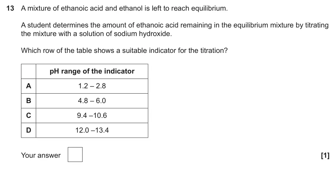June 2025 Paper 1, question 13: A mixture of ethanoic acid and ethanol is left to reach equilibrium. A student determines the amount of ethanoic acid remaining in the equilibrium mixture by ti