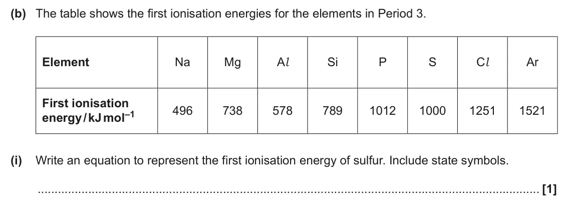 June 2025 Paper 1, question 16(b)(i): Write an equation to represent the first ionisation energy of sulfur. Include state symbols. [1]