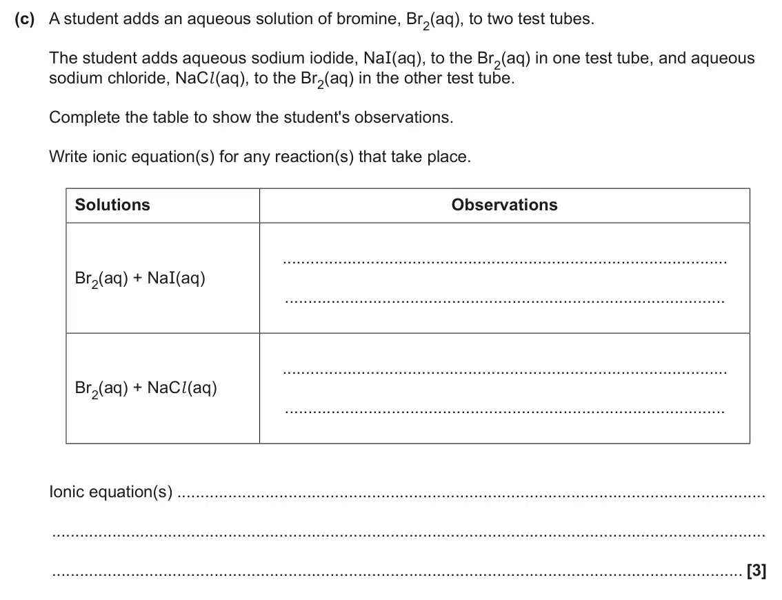 June 2025 Paper 1, question 16(c): A student adds an aqueous solution of bromine, Br2(aq), to two test tubes. The student adds aqueous sodium iodide, NaI(aq), to the Br2(aq) in one test tube, and