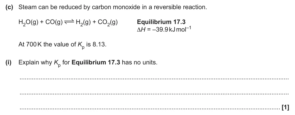 June 2025 Paper 1, question 17(c)(i): Explain why Kp for Equilibrium 17.3 has no units. [1]