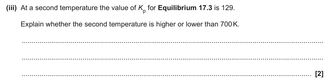 June 2025 Paper 1, question 17(c)(iii): At a second temperature the value of Kp for Equilibrium 17.3 is 129. Explain whether the second temperature is higher or lower than 700 K. [2]