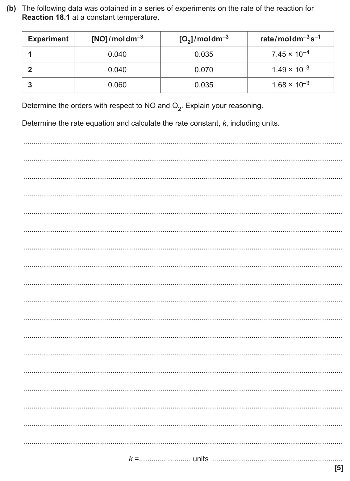 June 2025 Paper 1, question 18(b): The following data was obtained in a series of experiments on the rate of the reaction for Reaction 18.1 at a constant temperature. [NO] / mol dm–3 [O2] / mol d