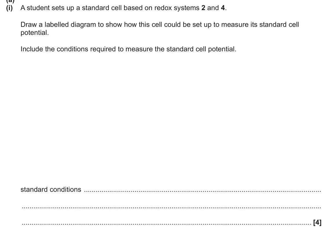 June 2025 Paper 1, question 20(a)(i): A student sets up a standard cell based on redox systems 2 and 4. Draw a labelled diagram to show how this cell could be set up to measure its standard cell pot