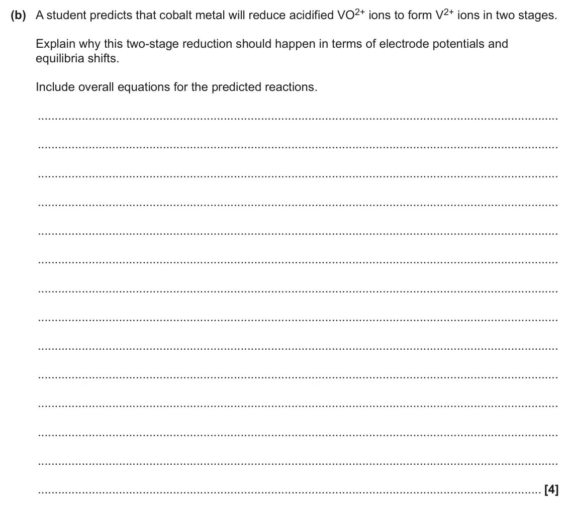 June 2025 Paper 1, question 20(b): A student predicts that cobalt metal will reduce acidified VO2+ ions to form V2+ ions in two stages. Explain why this two-stage reduction should happen in terms
