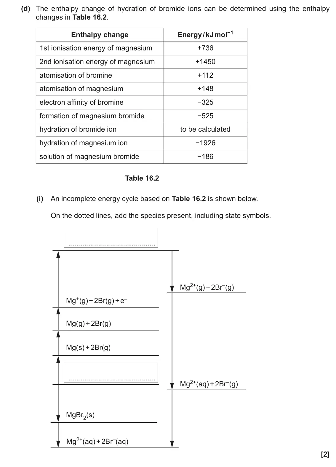 November 2020 Paper 1, question 16(d)(i): An incomplete energy cycle based on Table 16.2 is shown below. On the dotted lines, add the species present, including state symbols. Mg2+(g) + 2Br–(g) Mg+(g) +
