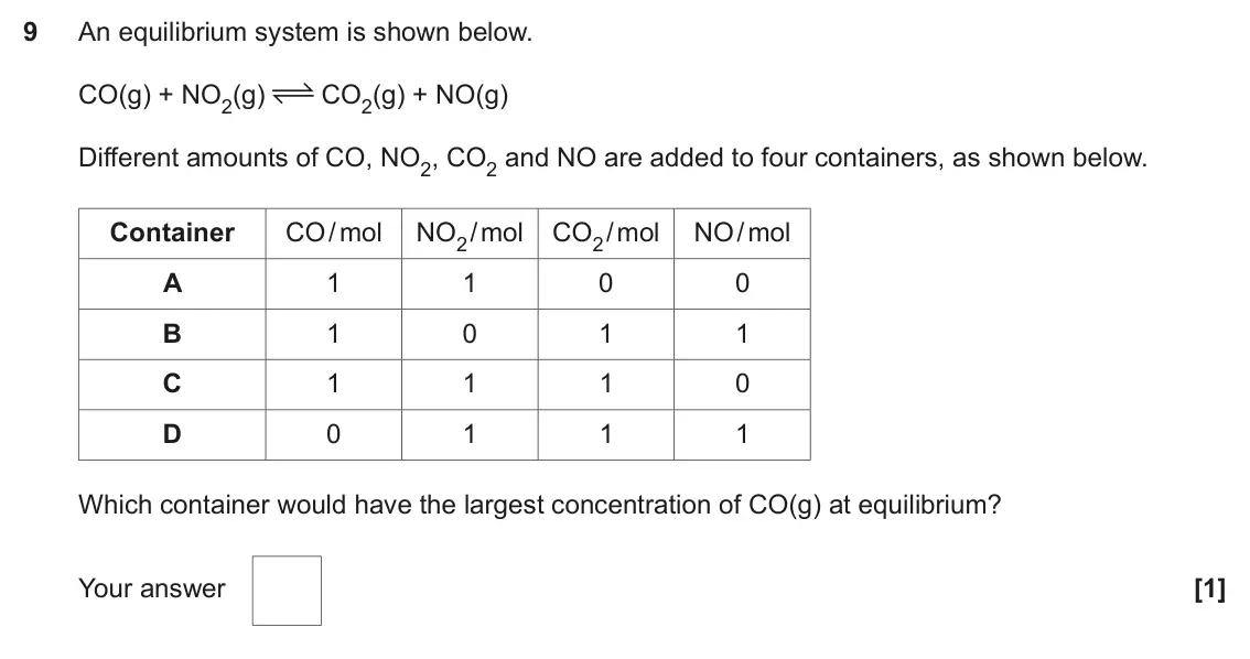 November 2021 Paper 1, question 9: An equilibrium system is shown below. CO(g) + NO2(g) CO2(g) + NO(g) Different amounts of CO, NO2, CO2 and NO are added to four containers, as shown below. Conta