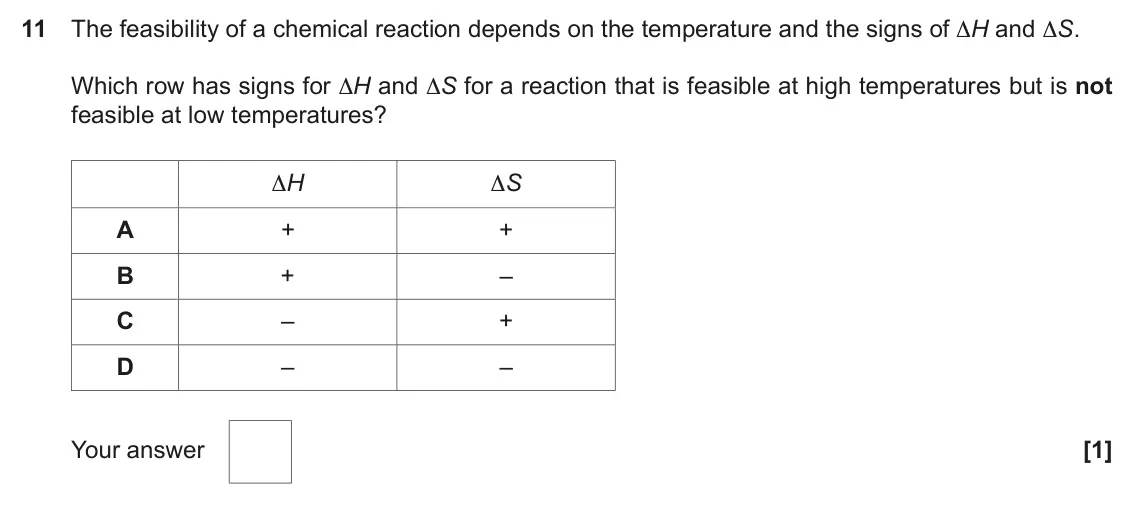 November 2021 Paper 1, question 11: The feasibility of a chemical reaction depends on the temperature and the signs of ΔH and ΔS. Which row has signs for ΔH and ΔS for a reaction that is feasible