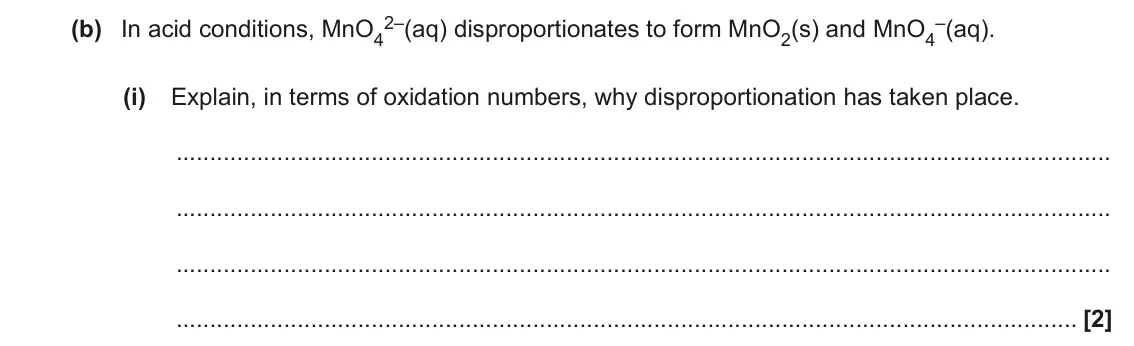 November 2021 Paper 1, question 19(b)(i): Explain, in terms of oxidation numbers, why disproportionation has taken place. [2]