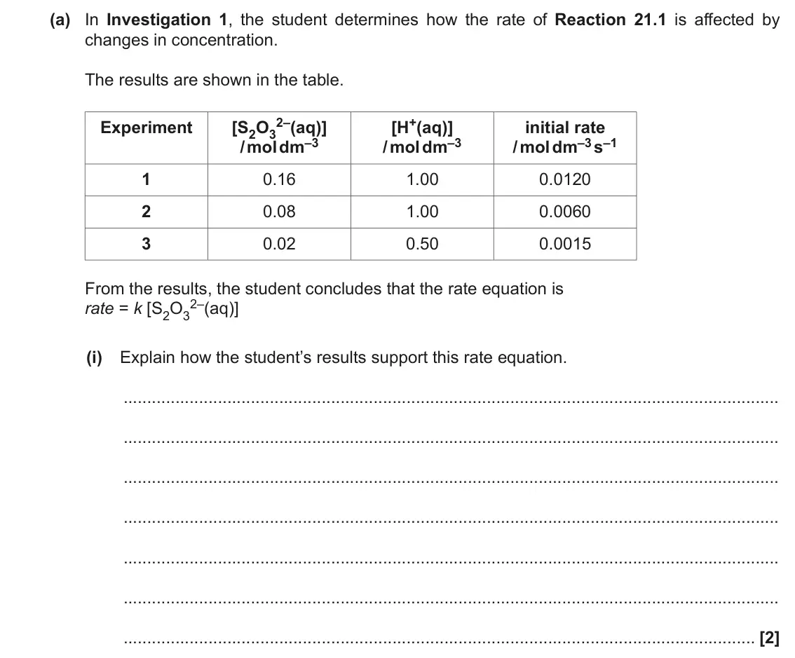 November 2021 Paper 1, question 21(a)(i): Explain how the student’s results support this rate equation. [2]