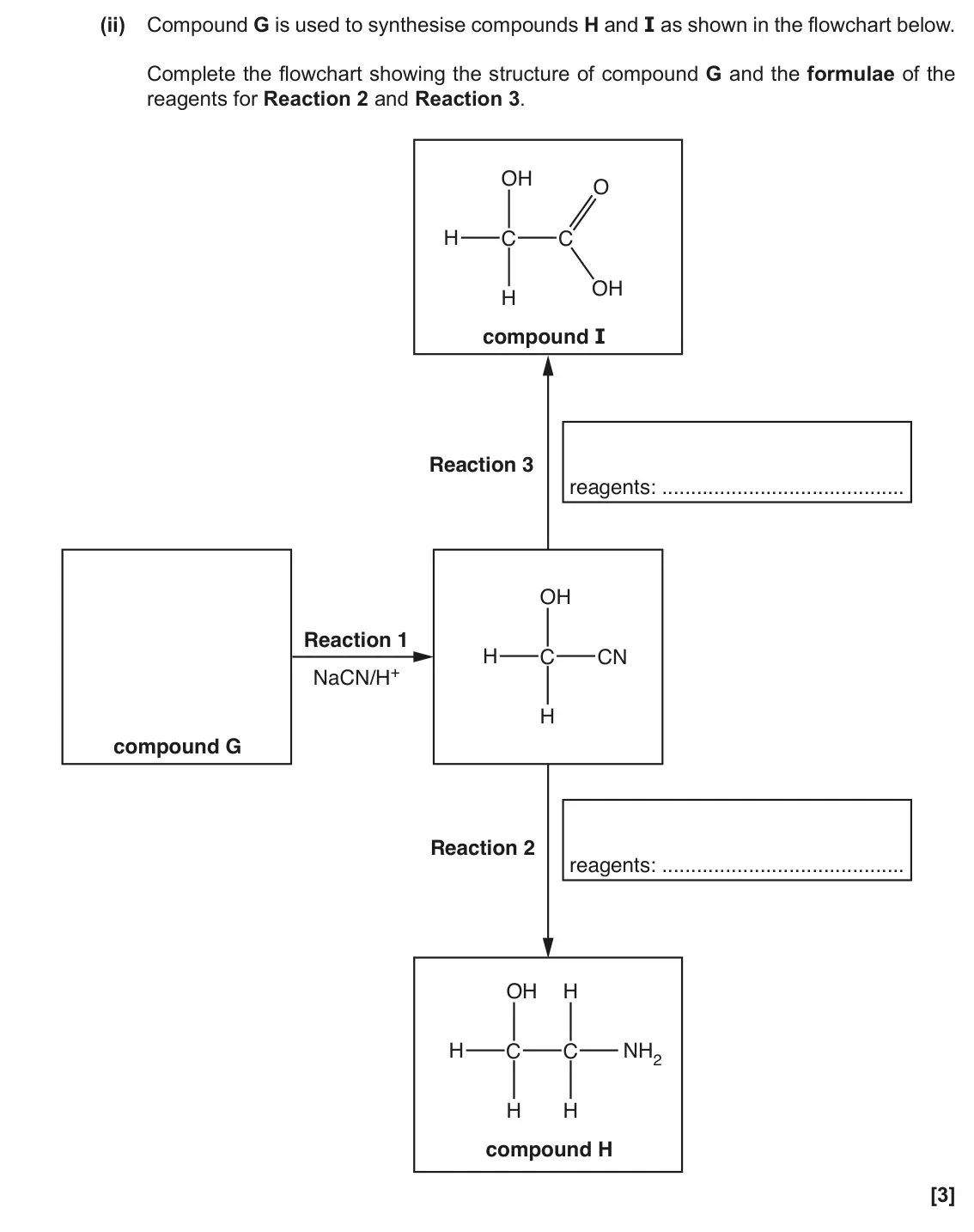 June 2017 Paper 2, question 18(a)(ii): Compound G is used to synthesise compounds H and I as shown in the flowchart below. Complete the flowchart showing the structure of compound G and the formulae