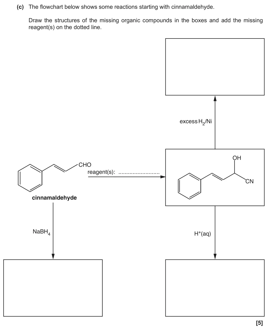 June 2018 Paper 2, question 20(c): The flowchart below shows some reactions starting with cinnamaldehyde. Draw the structures of the missing organic compounds in the boxes and add the missing rea
