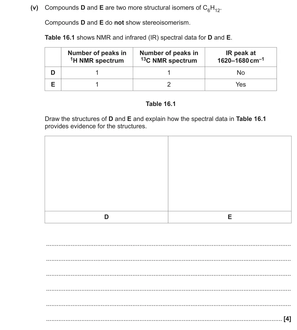June 2022 Paper 2, question 16(b)(v): Compounds D and E are two more structural isomers of C6H12. Compounds D and E do not show stereoisomerism. Table 16.1 shows NMR and infrared (IR) spectral data