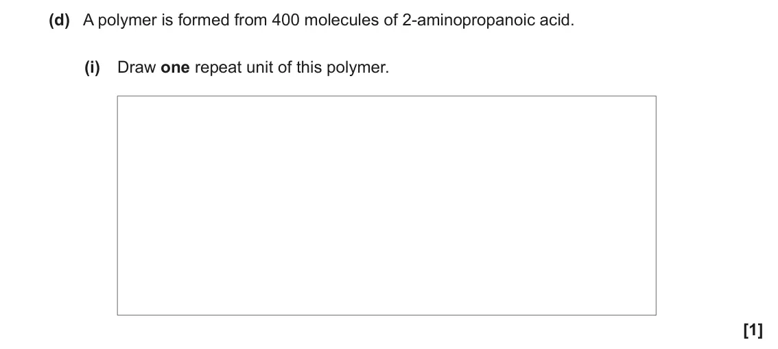 June 2022 Paper 2, question 19(d)(i): Draw one repeat unit of this polymer. [1]