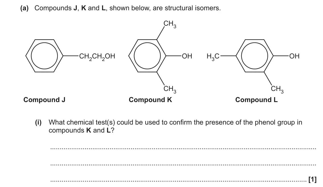 June 2022 Paper 2, question 20(a)(i): What chemical test(s) could be used to confirm the presence of the phenol group in compounds K and L? [1]