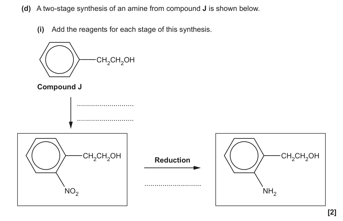 June 2022 Paper 2, question 20(d)(i): Add the reagents for each stage of this synthesis. CH2CH2OH Compound J CH2CH2OH CH2CH2OH Reduction NO2 NH2 [2]