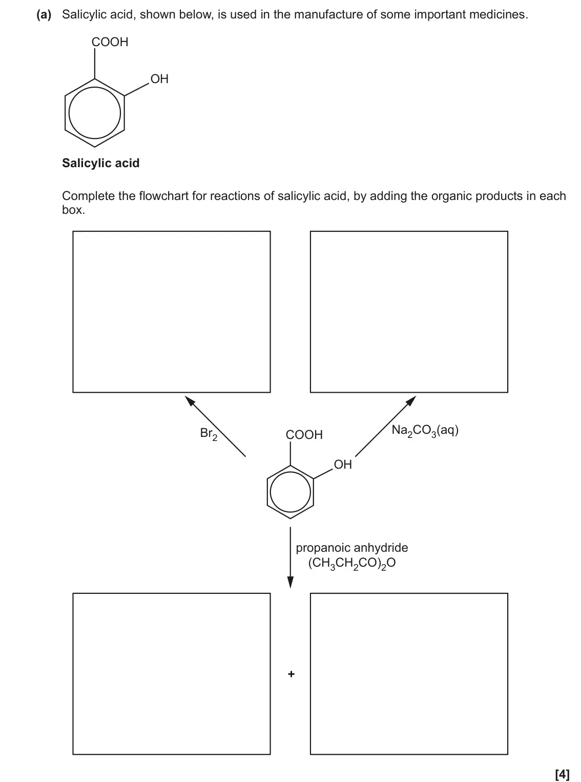 June 2023 Paper 2, question 20(a): Salicylic acid, shown below, is used in the manufacture of some important medicines. COOH OH Salicylic acid Complete the flowchart for reactions of salicylic ac