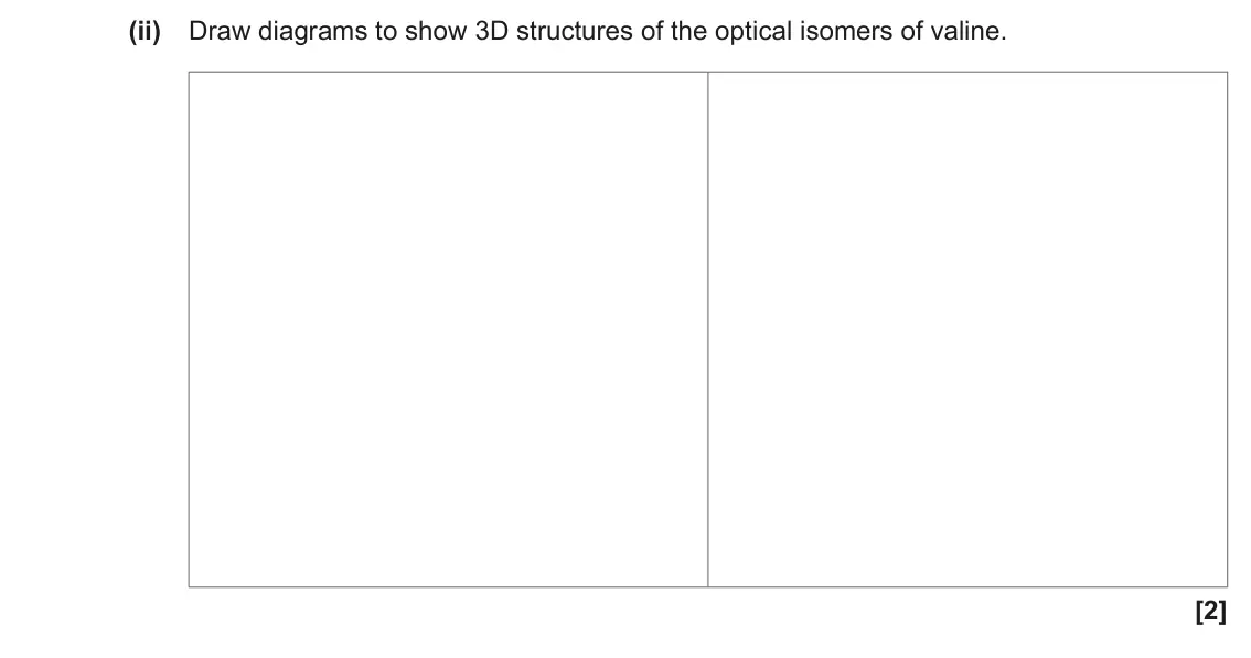 June 2023 Paper 2, question 21(b)(ii): Draw diagrams to show 3D structures of the optical isomers of valine. [2]
