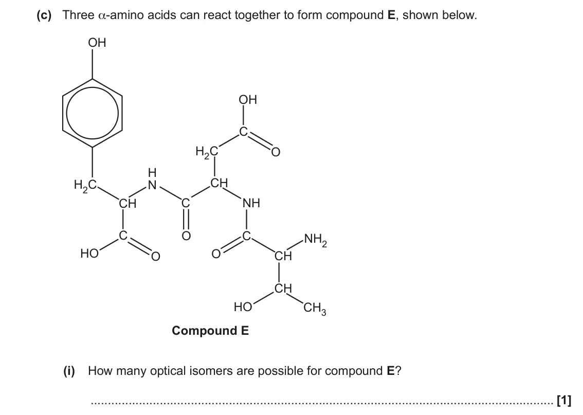 June 2023 Paper 2, question 21(c)(i): How many optical isomers are possible for compound E? [1]