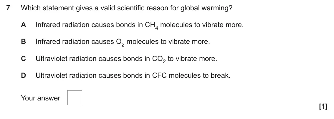 June 2024 Paper 2, question 7: Which statement gives a valid scientific reason for global warming? A Infrared radiation causes bonds in CH4 molecules to vibrate more. B Infrared radiation cau