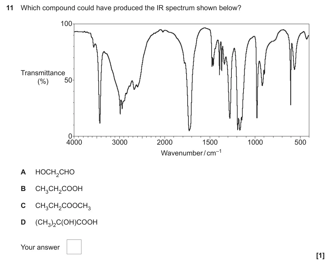 June 2024 Paper 2, question 11: Which compound could have produced the IR spectrum shown below? 100 Transmittance 50 (%) 0 4000 3000 2000 1500 1000 500 Wavenumber / cm–1 A HOCH2CHO B CH3CH2COO