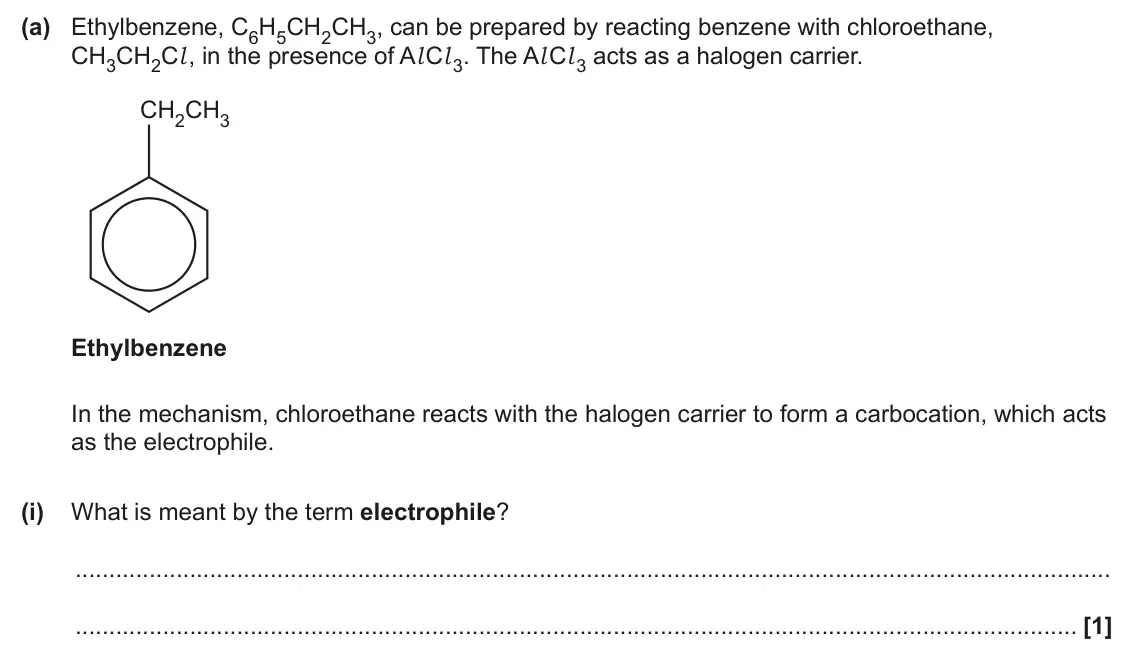 June 2024 Paper 2, question 21(a)(i): What is meant by the term electrophile? [1]