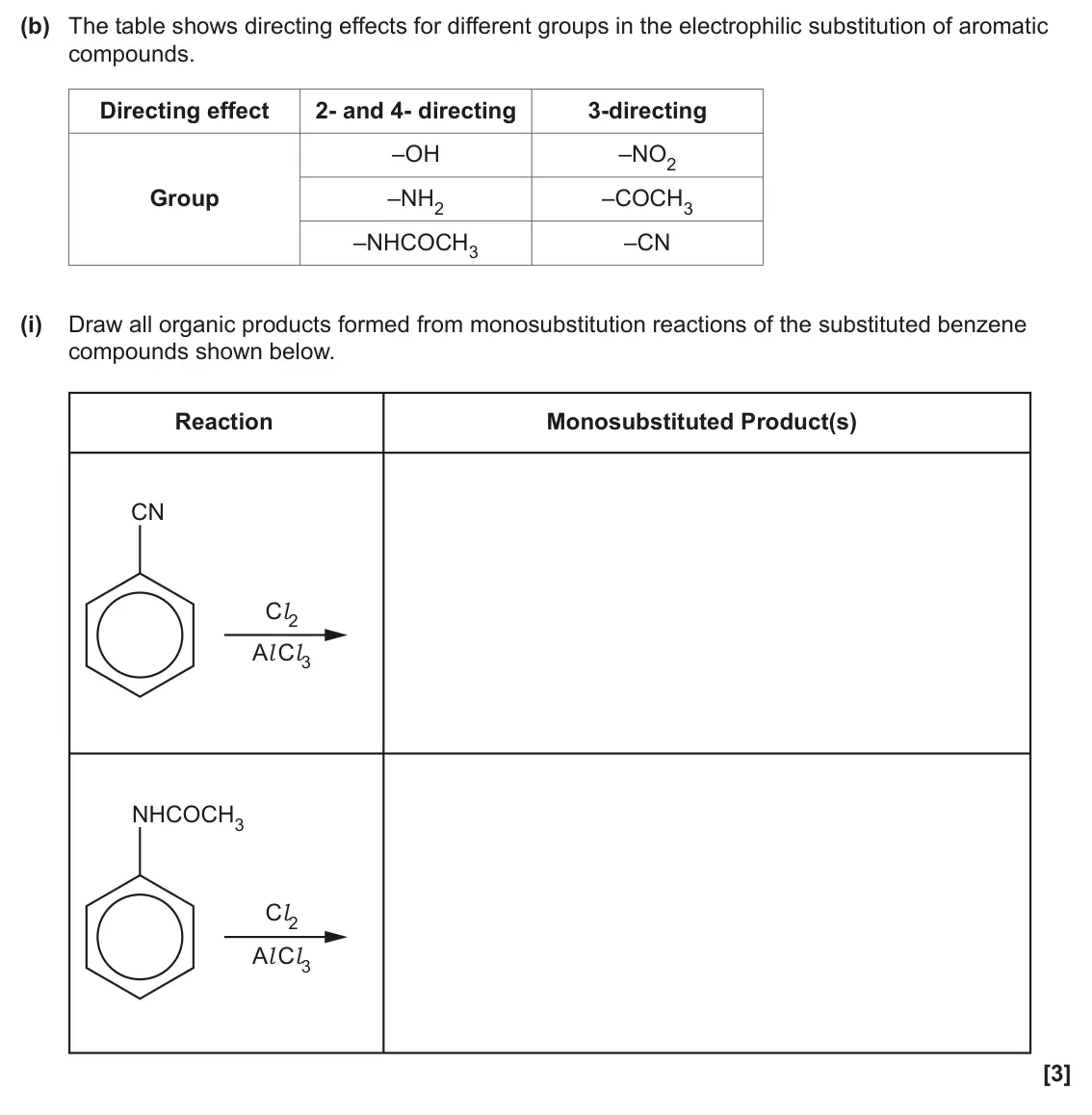 June 2024 Paper 2, question 21(b)(i): Draw all organic products formed from monosubstitution reactions of the substituted benzene compounds shown below. Reaction Monosubstituted Product(s) CN Cl2 Al