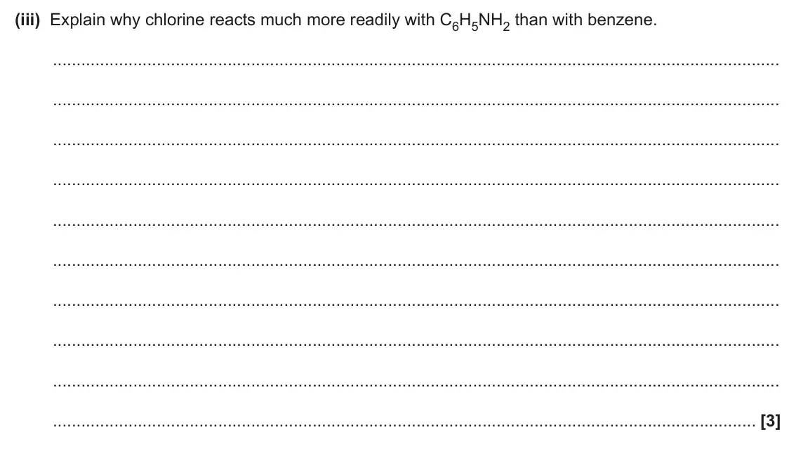June 2024 Paper 2, question 21(b)(iii): Explain why chlorine reacts much more readily with C6H5NH2 than with benzene. [3]