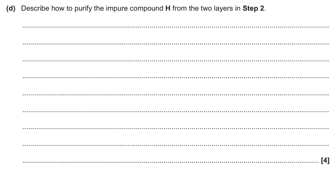 June 2024 Paper 2, question 23(d): Describe how to purify the impure compound H from the two layers in Step 2. [4]