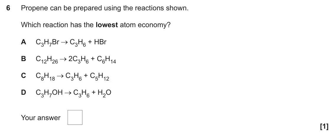June 2025 Paper 2, question 6: Propene can be prepared using the reactions shown. Which reaction has the lowest atom economy? A C3H7Br C3H6 + HBr B C12H26 2C3H6 + C6H14 C C8H18 C3H6 + C5H12 D