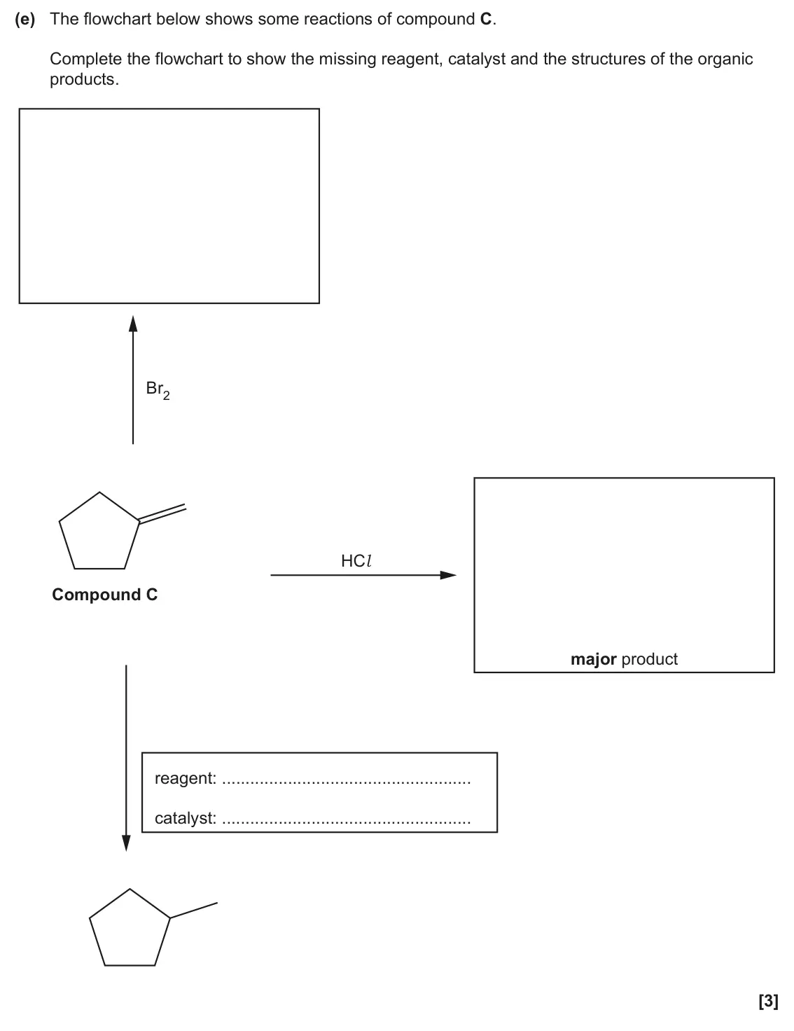 June 2025 Paper 2, question 16(e): The flowchart below shows some reactions of compound C. Complete the flowchart to show the missing reagent, catalyst and the structures of the organic products.