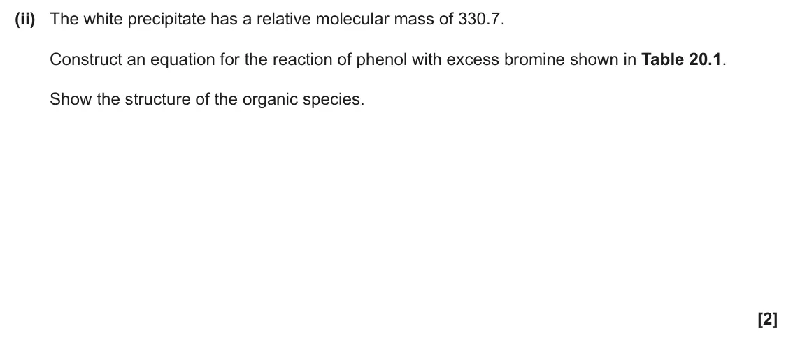 June 2025 Paper 2, question 20(b)(ii): The white precipitate has a relative molecular mass of 330.7. Construct an equation for the reaction of phenol with excess bromine shown in Table 20.1. Show the