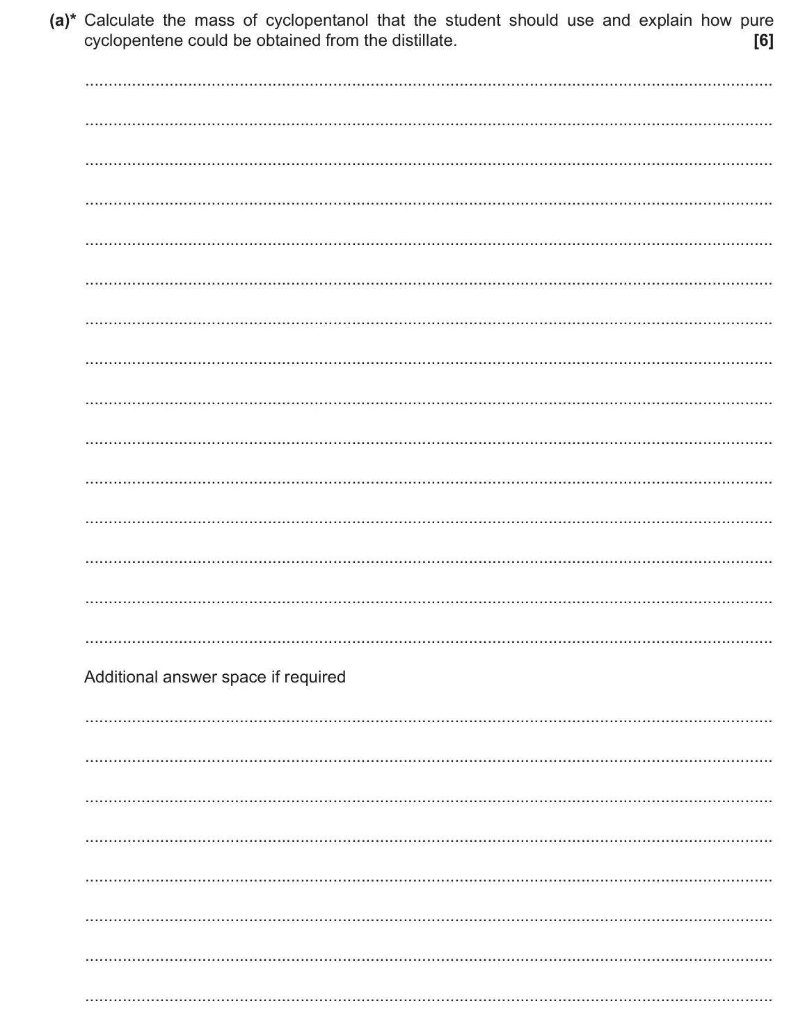 November 2020 Paper 2, question 20(a): Cyclopentanol can be reacted to form cyclopentene. Cyclopentene is a liquid with a boiling point of 44 °C and a density of 0.74 g cm−3. A student plans to prepa