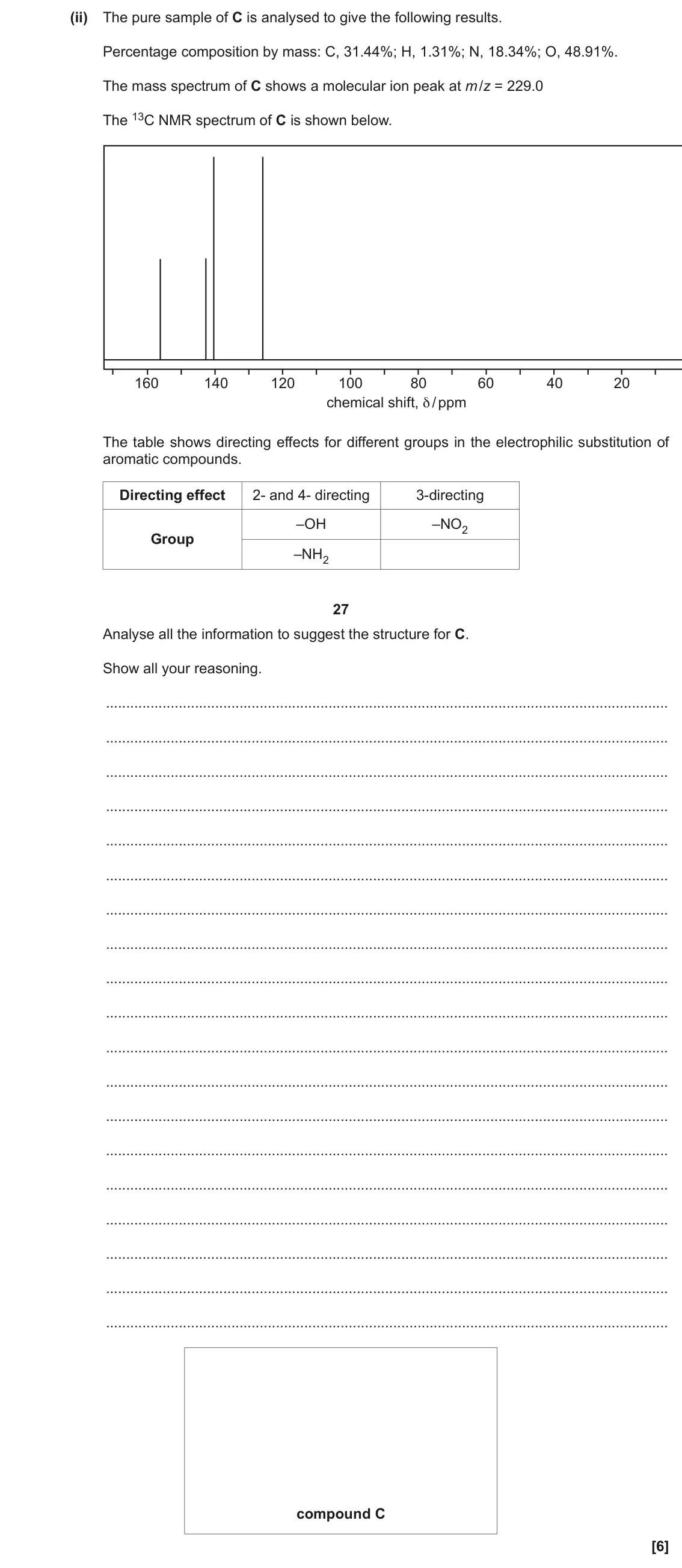 November 2021 Paper 2, question 20(b)(ii): The pure sample of C is analysed to give the following results. Percentage composition by mass: C, 31.44%; H, 1.31%; N, 18.34%; O, 48.91%. The mass spectrum of