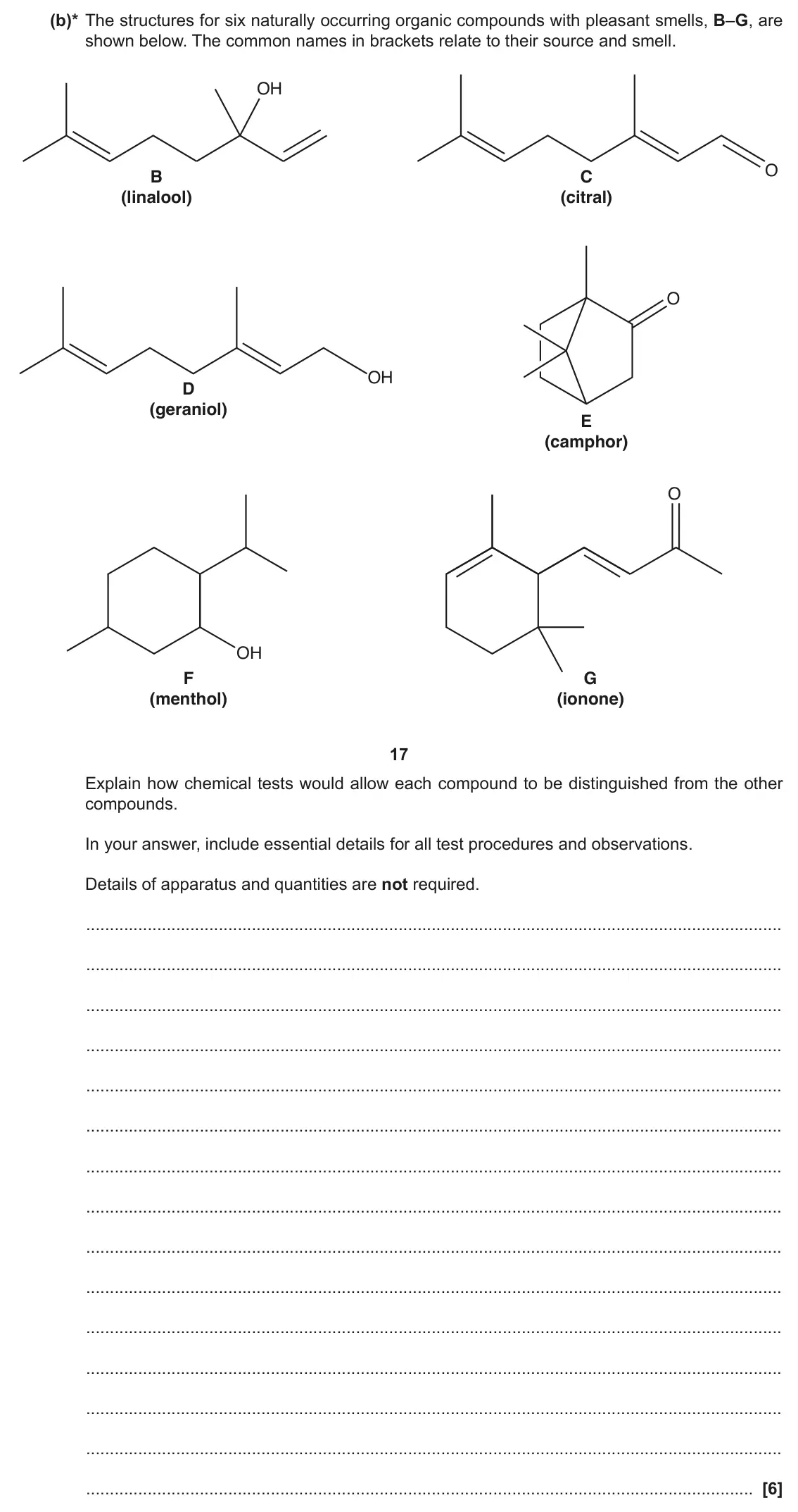 June 2017 Paper 3, question 5(b): This question is about organic molecules that have a strong smell. (b)* The structures for six naturally occurring organic compounds with pleasant smells, B–G,