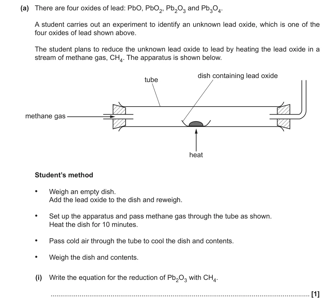 June 2019 Paper 3, question 3(a)(i): Write the equation for the reduction of Pb2O3 with CH4. [1]