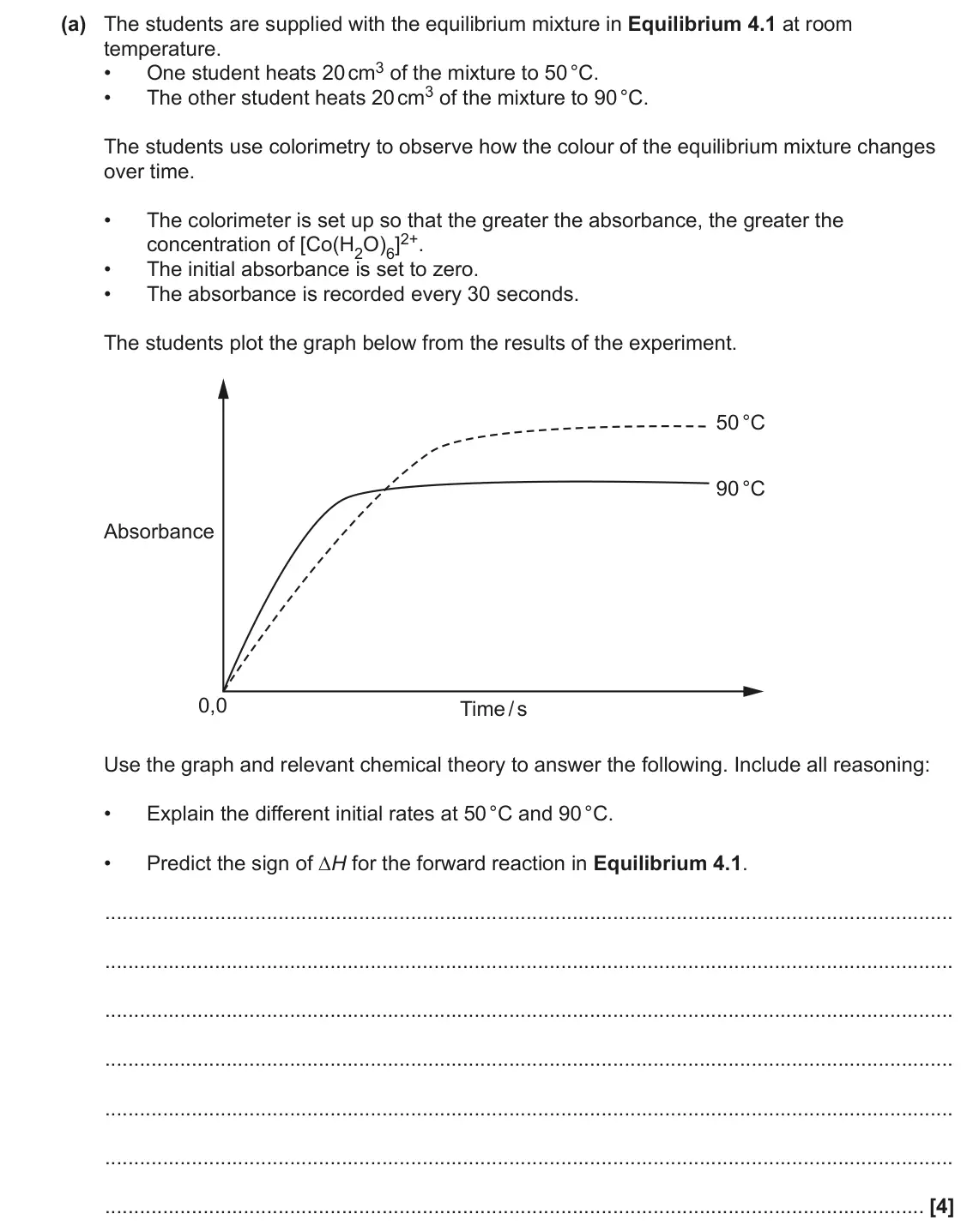June 2022 Paper 3, question 4(a): The students are supplied with the equilibrium mixture in Equilibrium 4.1 at room temperature. One student heats 20 cm3 of the mixture to 50 °C. • The other stu