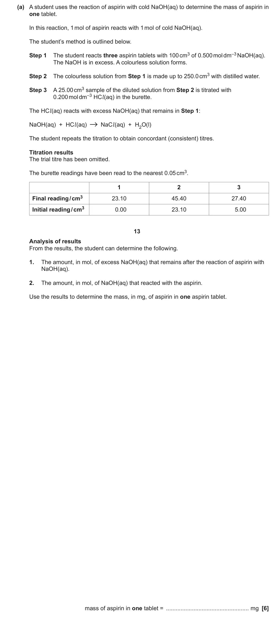 June 2023 Paper 3, question 5(a): A student uses the reaction of aspirin with cold NaOH(aq) to determine the mass of aspirin in one tablet. In this reaction, 1 mol of aspirin reacts with 1 mol o