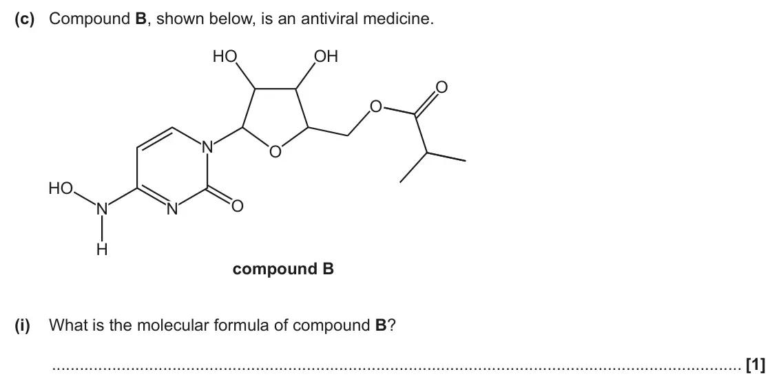 June 2024 Paper 3, question 2(c)(i): What is the molecular formula of compound B? [1]
