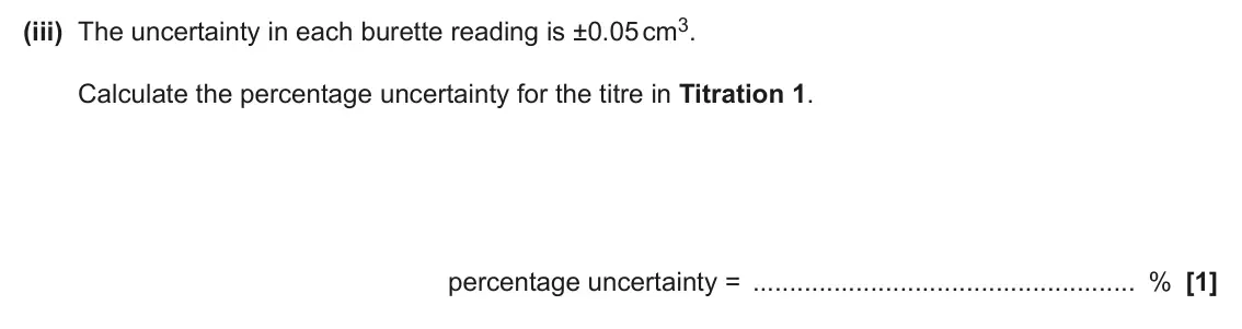June 2024 Paper 3, question 3(b)(iii): The uncertainty in each burette reading is ±0.05 cm3. Calculate the percentage uncertainty for the titre in Titration 1. percentage uncertainty = % [1]