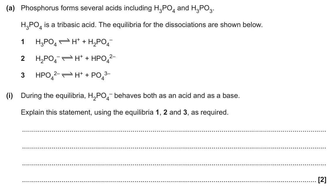 June 2024 Paper 3, question 4(a)(i): During the equilibria, H2PO4 Explain this statement, using the equilibria 1, 2 and 3, as required. [2]