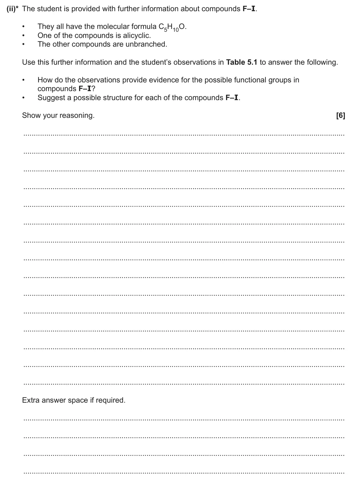 June 2024 Paper 3, question 5(b)(ii): This question is about the analysis of organic compounds. (ii)* The student is provided with further information about compounds F–I. • They all have the molecu