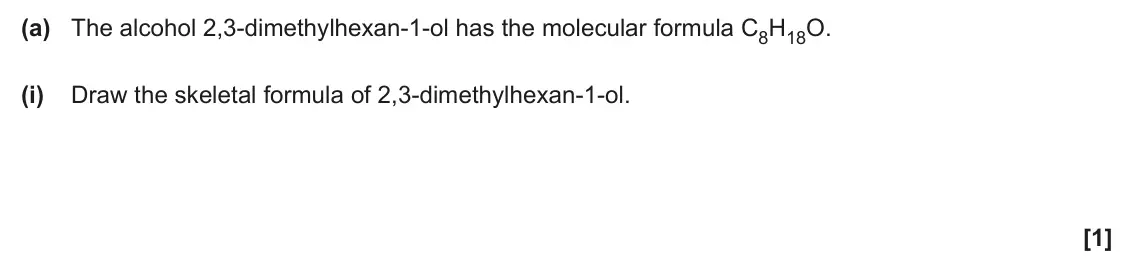 June 2025 Paper 3, question 2(a)(i): Draw the skeletal formula of 2,3‑dimethylhexan‑1‑ol. [1]