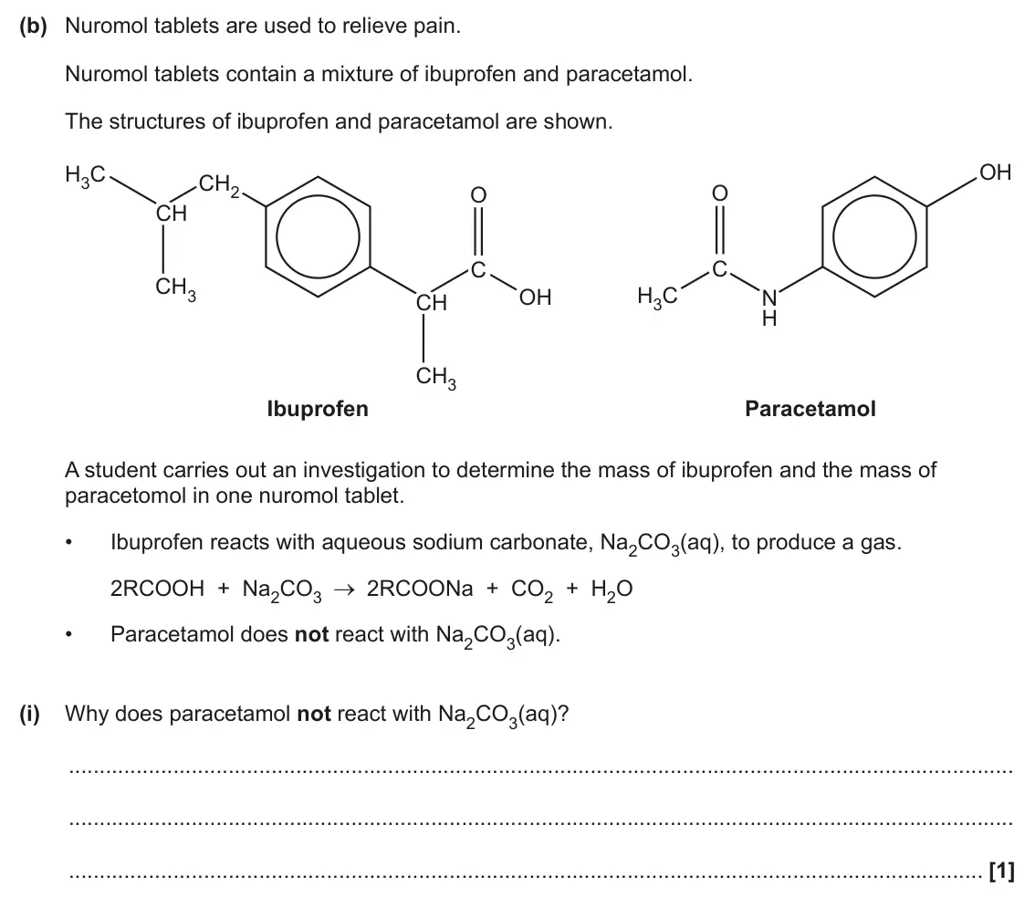 June 2025 Paper 3, question 2(b)(i): Why does paracetamol not react with Na2CO3(aq)? [1]