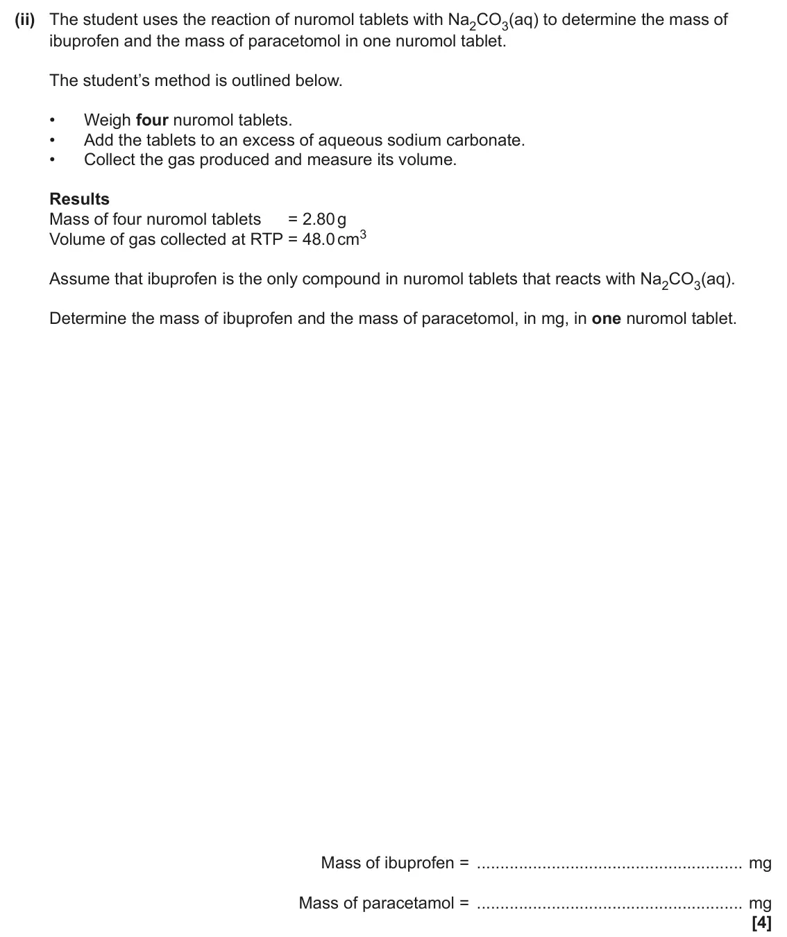 June 2025 Paper 3, question 2(b)(ii): The student uses the reaction of nuromol tablets with Na2CO3(aq) to determine the mass of ibuprofen and the mass of paracetomol in one nuromol tablet. The stude