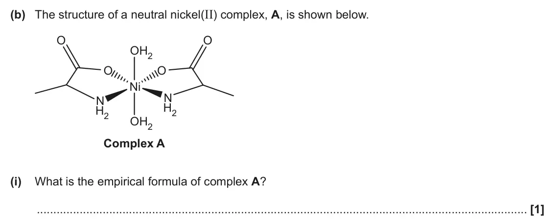 June 2025 Paper 3, question 4(b)(i): What is the empirical formula of complex A? [1]