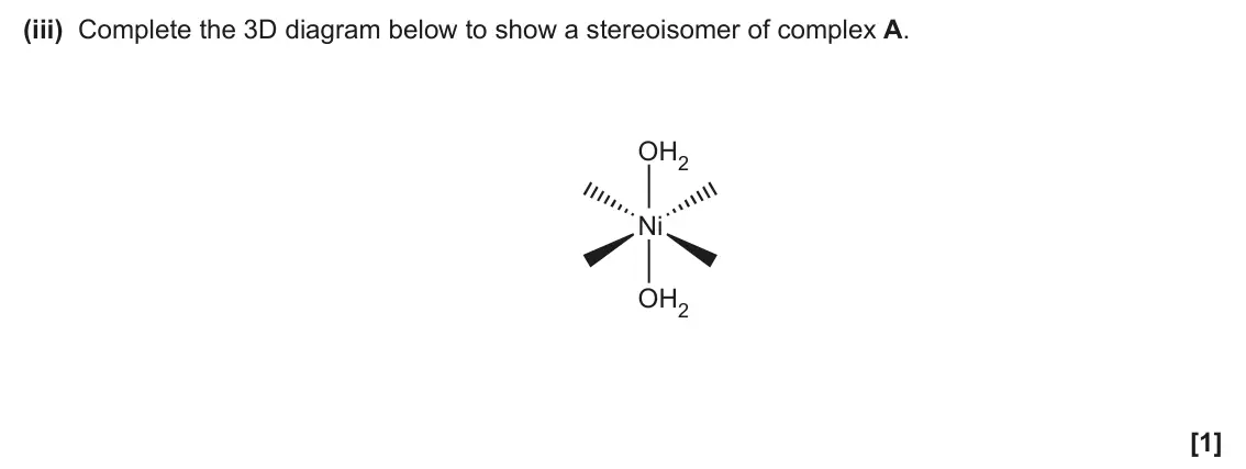 June 2025 Paper 3, question 4(b)(iii): Complete the 3D diagram below to show a stereoisomer of complex A. OH2 Ni OH2 [1]